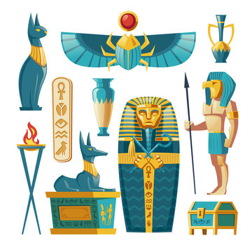 Vector Egyptian set - pharaoh sarcophagus, ancient gods and other symbols of culture. Cartoon collection of tomb, pyramid objects on white background. Anubis, Bastet sculptures, hieroglyphs and scarab