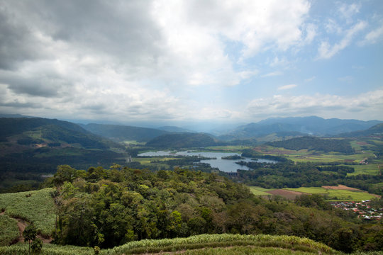 View over the beautiful Costa Rican valley of Turrialba and the Angostura Lagoon near the active volcano with same name. 