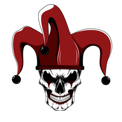 Skull of a clown jester in a red hat. Vector images. - obrazy, fototapety, plakaty