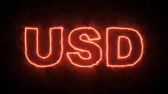USD - US Dollar red hot glowing text in the dark