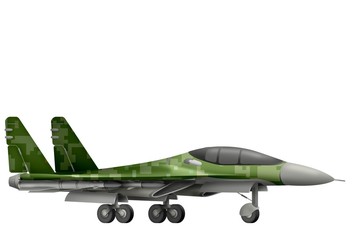 fighter, interceptor with pixel forest camouflage with fictional design - isolated object on white background. 3d illustration