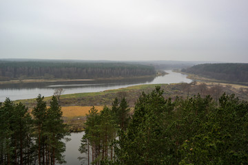 Autumn forest river view. Autumn forest river panorama.