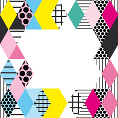 Card banner template square Geometric elements Memphis Postmodern Retro fashion style 80-90s. asymmetrical Rhombus triangle pattern. Yellow blue green pink black background frame for your text. Vector