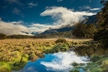 Naklejka na ściany i meble Mirror Lakes with reflection of Earl Mountains, Fjordland National Park, Millford, New Zealand