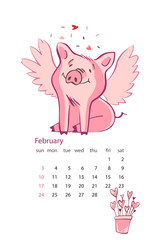 Monthly creative calendar 2019 with cute pig. Concept, vector vertical editable template. Symbol of the year in the Chinese calendar. Vector illustration.