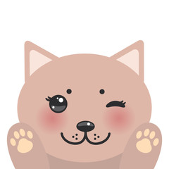 Kawaii funny pink cat muzzle with pink cheeks and winking eyes Cat's paws isolated on white background. Perfect for a greeting card, notebook, case. Vector