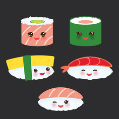 Kawaii funny sushi set with pink cheeks and big eyes, emoji on black background. Vector