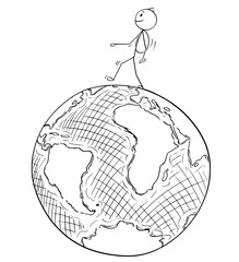 Cartoon stick drawing conceptual illustration of man traveler walking on Earth globe.