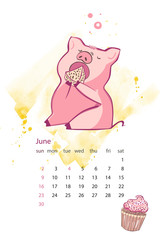 Monthly creative calendar 2019 with cute pig. Concept, vector vertical editable template. Symbol of the year in the Chinese calendar. Vector illustration.