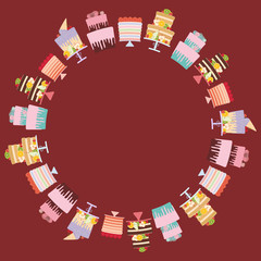 card banner design round frame wreath for text Birthday, valentines day, wedding, engagement. Set sweet Cake, fresh fruits berries, chocolate icing sprinkles, cake pops, pastel colors on brown. Vector
