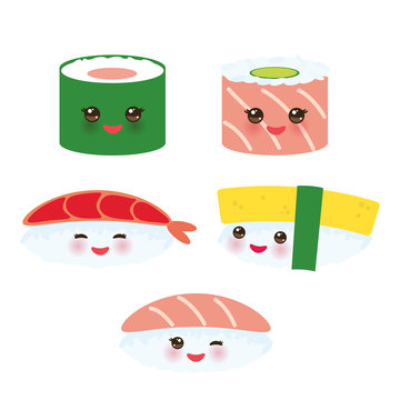 Kawaii funny sushi set with pink cheeks and big eyes, emoji isolated on white background. Vector