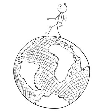 Cartoon stick drawing conceptual illustration of man traveler walking on  Earth globe. Stock Vector | Adobe Stock