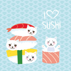 I love sushi. Kawaii funny Sushi set and white cute cat with pink cheeks and eyes, emoji. Baby blue background with japanese circle pattern. Vector