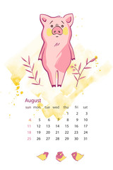 Monthly creative calendar 2019 with cute pig. Concept, vector vertical editable template. Symbol of the year in the Chinese calendar. Vector illustration.