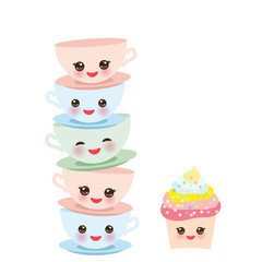 Cute cupcake and blue pink green Kawaii cup set, coffee tea with pink cheeks and winking eyes, pastel colors isolated on white background. Vector