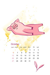 Obraz premium Monthly creative calendar 2019 with cute pig. Concept, vector vertical editable template. Symbol of the year in the Chinese calendar. Vector illustration.
