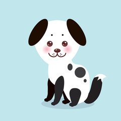 Kawaii funny white black dog, face with pink cheeks, on blue background. Vector