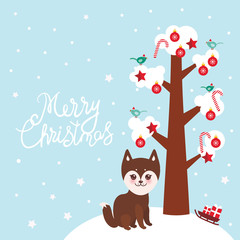Merry Christmas New Year's card design funny brown husky dog tree with white snow on the branches, birds and red christmas decorations. Candy, balls, stars, sleigh gifts on blue sky background. Vector
