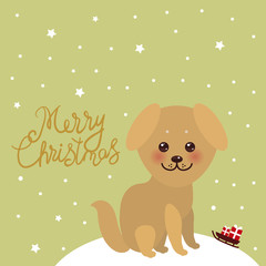 Merry Christmas New Year's card design Kawaii funny golden beige dog, face with large eyes and pink cheeks. white snow christmas decorations, stars, sleigh gifts on green sky background. Vector