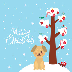 Merry Christmas New Year's card design Kawaii golden beige dog tree with white snow on the branches, birds and red christmas decorations. Candy balls stars, sleigh gifts on blue sky background. Vector