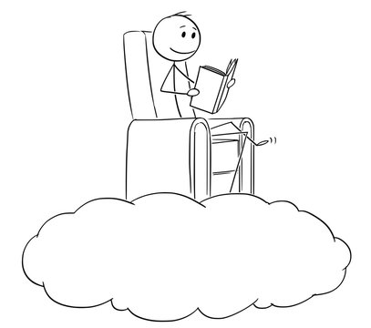 Cartoon Stick Drawing Conceptual Illustration Of Man And Dreamer Reading A Book In Calm On A Cloud.