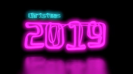 Christmas 2019 Sci-Fi blue cyan and Purple pink Neon Lights lettering word On Black Background wall and Reflective floor With Empty Space For Text 3D Rendering Illustration