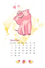 Monthly creative calendar 2019 with cute pig. Concept, vector vertical editable template. Symbol of the year in the Chinese calendar. Vector illustration.