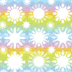 Fototapeta na wymiar Christmas design seamless pattern, Kawaii white snowflake set on blue mint orange pink lilac japanese wave background rainbow abstract circle pastel colors. Vector