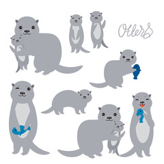 Kawaii grey otters family with children with fish on white background. Applicable for Banners, Placards, Posters, Flyers. Vector