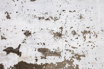 brick plastered wall with whitewash with potholes, cracks and stains, shot on a cloudy autumn day