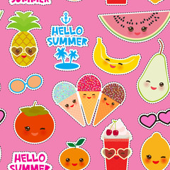Hello Summer bright tropical seamless pattern, fashion patches badges stickers. Exotic fruits, pineapple, cherry smoothie cup, ice cream cone, sunglasses. Kawaii cute face. Pink background. Vector