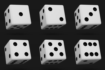 White dice with black dots hanging in half turn showing different numbers isolated on black background