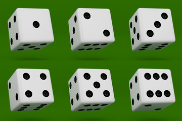 White dice with black dots hanging in half turn showing different numbers isolated on green background