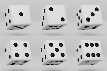 White dice with black dots hanging in half turn showing different numbers isolated on white background
