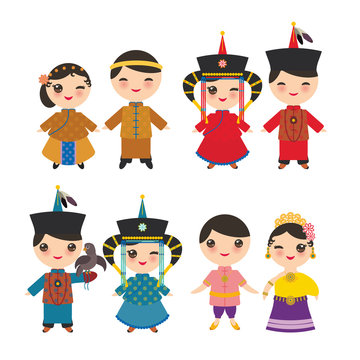 Chinese Thai Mongolian Kawaii boy and girl in national costume and hat. Cartoon children in traditional Thailand dress isolated on white background. Vector