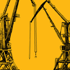 Port crane machinery Building Tower construction. Hand drawn sketch illustration. Black silhouette on yellow backgraund. Vector