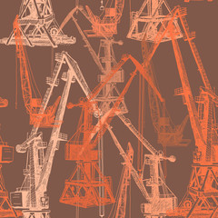Seamless pattern Port crane machinery Building Tower construction. Hand drawn sketch illustration. Beige orange silhouette on brown backgraund. Vector