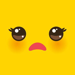 Kawaii funny muzzle with pink cheeks and big eyes Cute Cartoon sad Face on yellow orange background. Vector