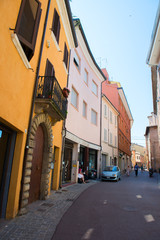Fototapeta na wymiar Street in Rimini, ancient city center. Vacation in beautiful Emilia Romagna, Italy, Europe.