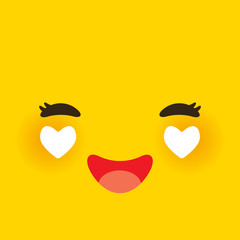 Kawaii funny muzzle in love with pink cheeks and heart. Cute Cartoon Face on yellow orange background. Vector