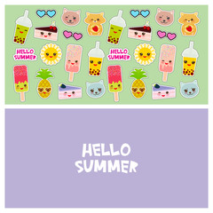 Hello Summer bright tropical card design, fashion patches badges stickers. Applicable for Banners, Poster. Pineapple, cherry smoothie cup, ice cream, sun, cat, cake, hamster. Kawaii cute face. Vector