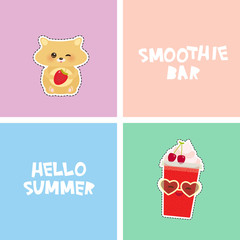Smoothie Bar bright tropical card design, fashion patches badges stickers. hamster, cherry smoothie cup, sunglasses. Kawaii cute face. Applicable for Banners, Flyers. Vector