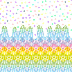 Fototapeta na wymiar Rainbow waffles with flowing sauce and sprinkles background for your text. Sweet Kawaii funny pattern red orange yellow green blue violet pink japanese wave background. Vector