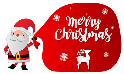 Merry Christmas Santa Claus and Deer Typographical paper cut background card