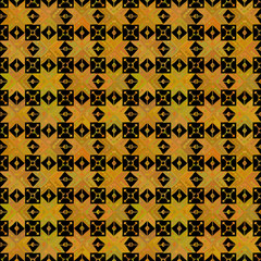Seamless pattern stars flowers Ornament of Russian folk embroidery, yellow orange gold on black background. Can be used for fabrics, wallpapers, websites. Vector