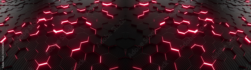 Poster abstract hexagonal geometric ultra wide background. structure of lots of hexagons of carbon fiber wi