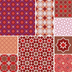 Moroccan collection seamless pattern, Morocco. Patchwork mosaic traditional folk geometric ornament red pink brown claret. Tribal oriental style. Can be used for fabrics, wallpapers. Vector