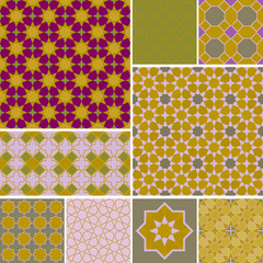 Moroccan collection seamless pattern, Morocco. Patchwork mosaic traditional folk geometric ornament mauve pink wine gold copper grey. Tribal oriental style. Can be used for fabrics, wallpapers. Vector