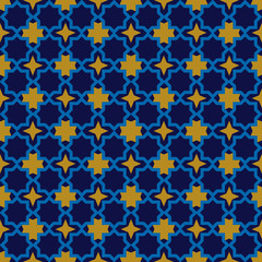Moroccan seamless pattern, Morocco. Patchwork mosaic with traditional folk geometric ornament orange blue gold. Tribal oriental style. Vector