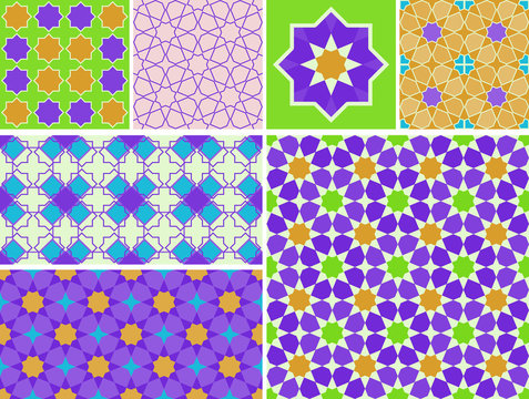 Moroccan collection seamless pattern. Patchwork mosaic traditional folk geometric ornament burgundy blue green violet orange purple. Tribal oriental style. Can be used for fabrics, wallpapers. Vector
